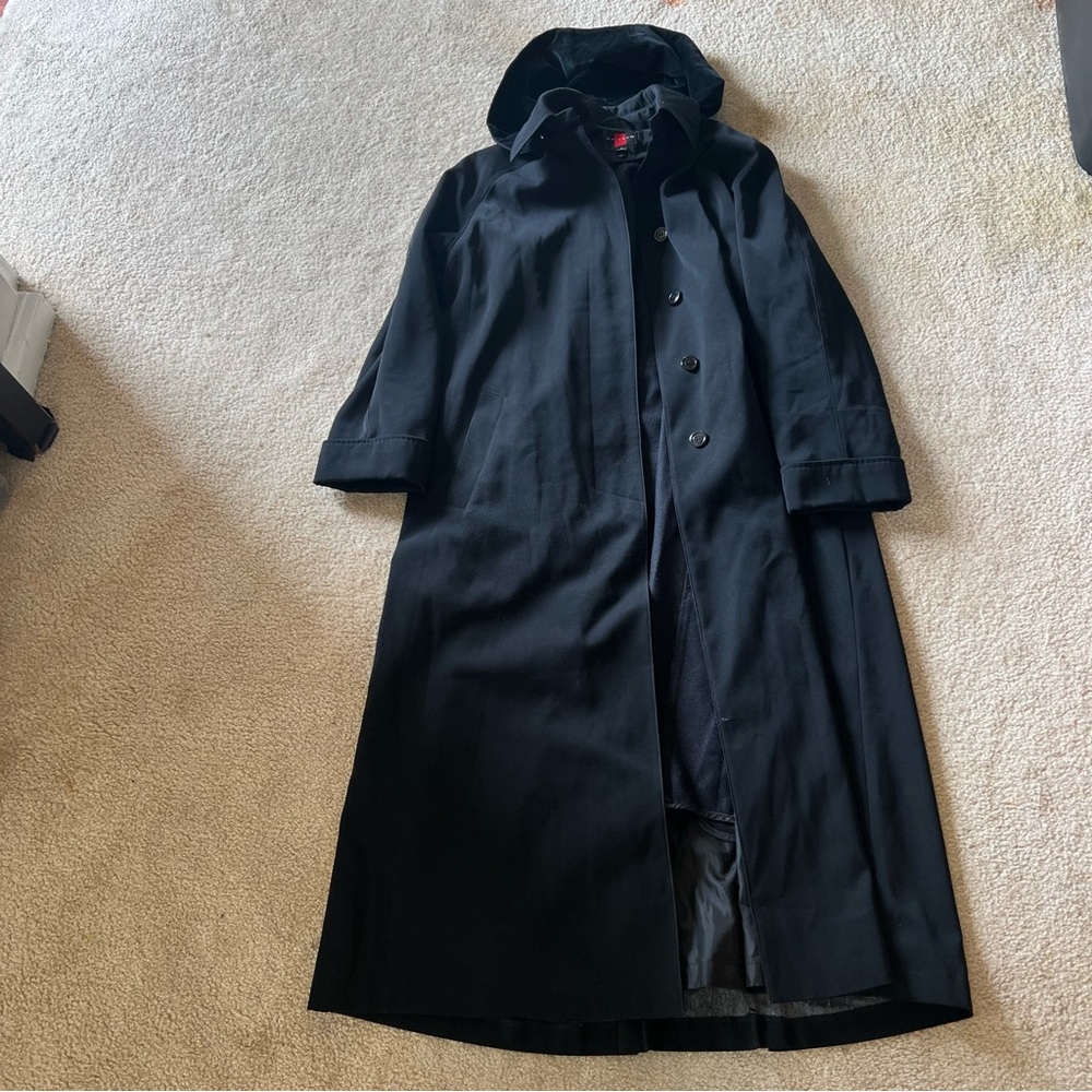 Gallery Black Long Trench Coat Classic Long Length Size 6 - Great Condition